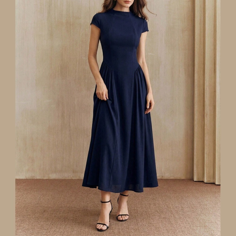 Navy Blue Knit Stand Collar Cap Sleeve Gathered Waist Maxi Dress